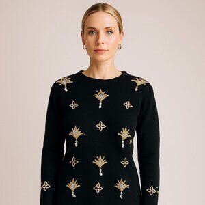 Vintage 1980s Evan Picone Black Gold Beaded Tunic Sweater Angora Blend Glam Knit